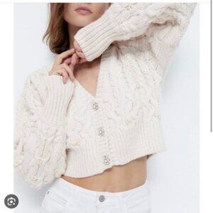 Zara Sz M Knit Wool Blend Neutral Embellished Cardigan Chunky Sweater